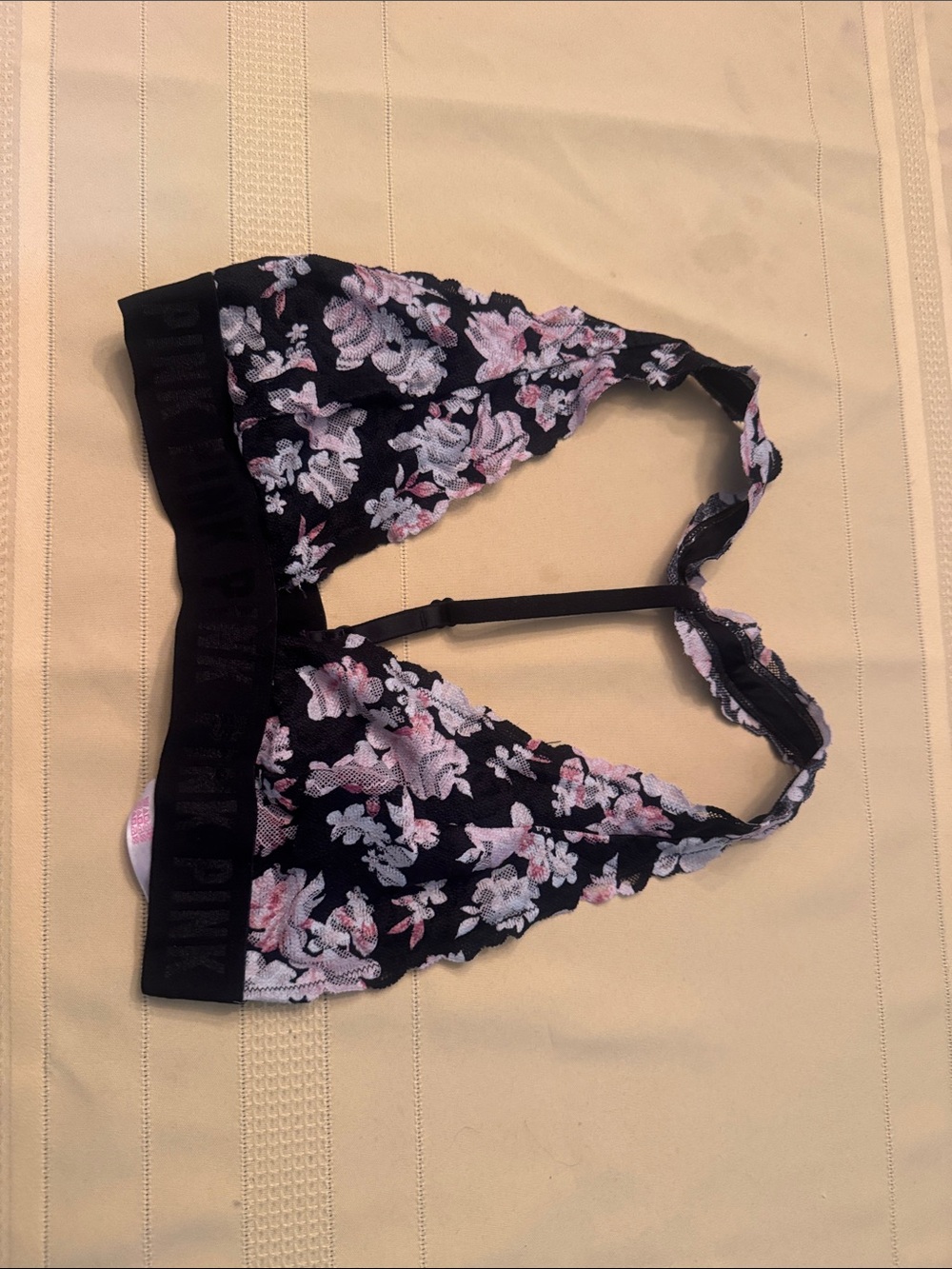 PINK Victoria's Secret Black Floral Lace Bralette with Pink & White Flowers